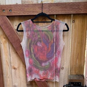 Sheer Mesh Floral Bird Print Tank Top - Pink